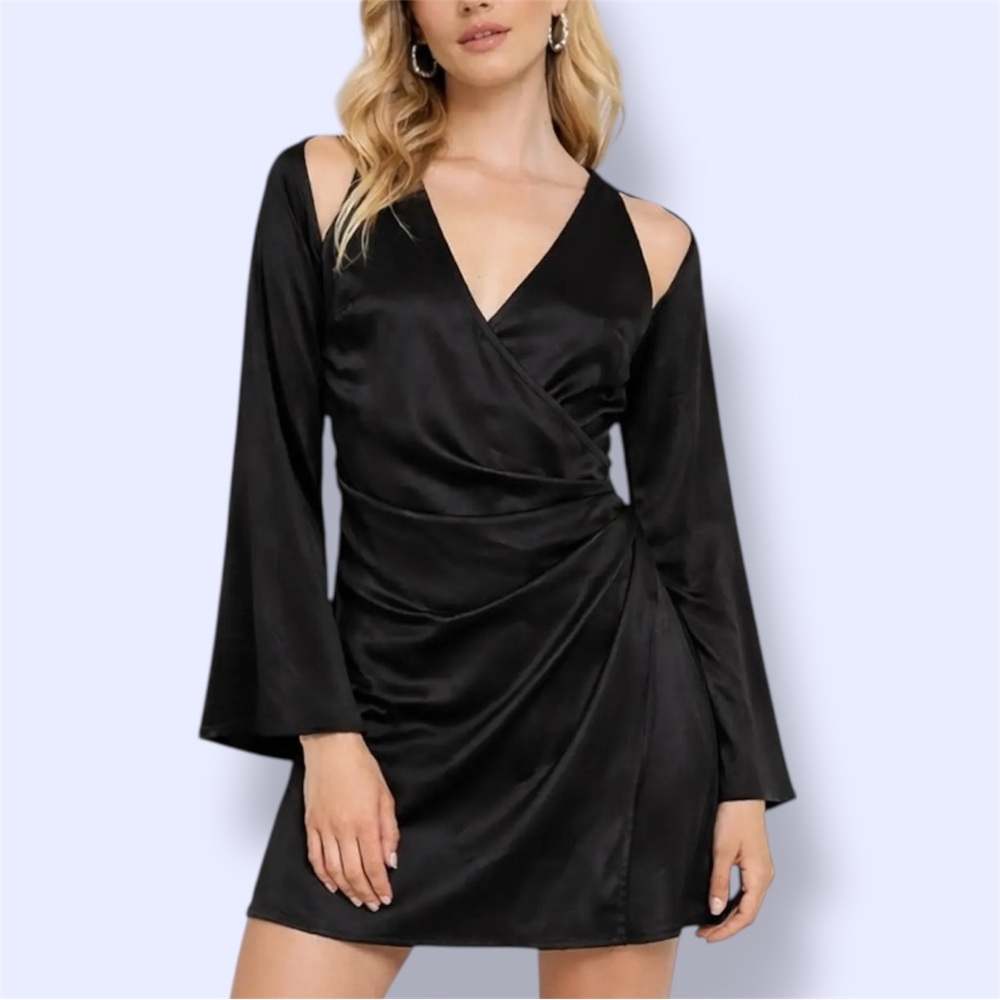 ASTR The Label Shoulder Cutout Long Sleeve Satin Mini Black Dress NWT
